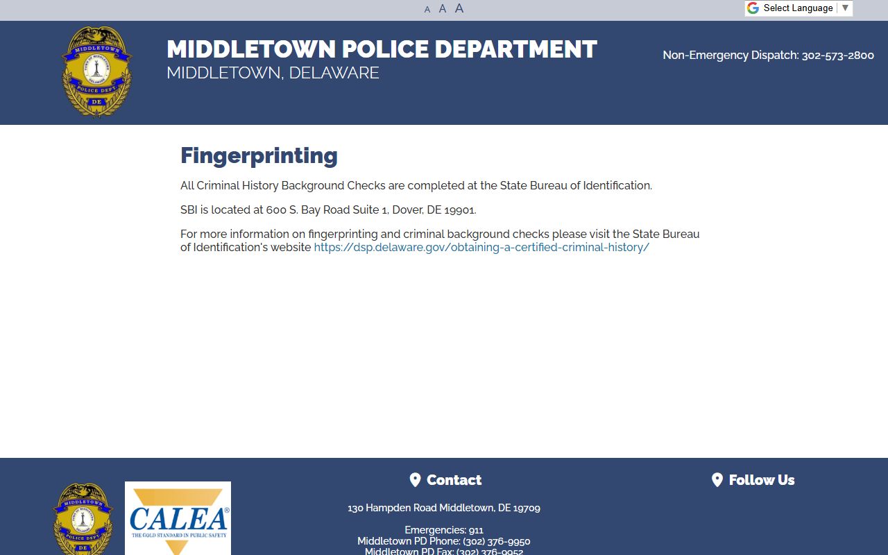 Middletown Police Department fingerprinting page for Middletown Background Check