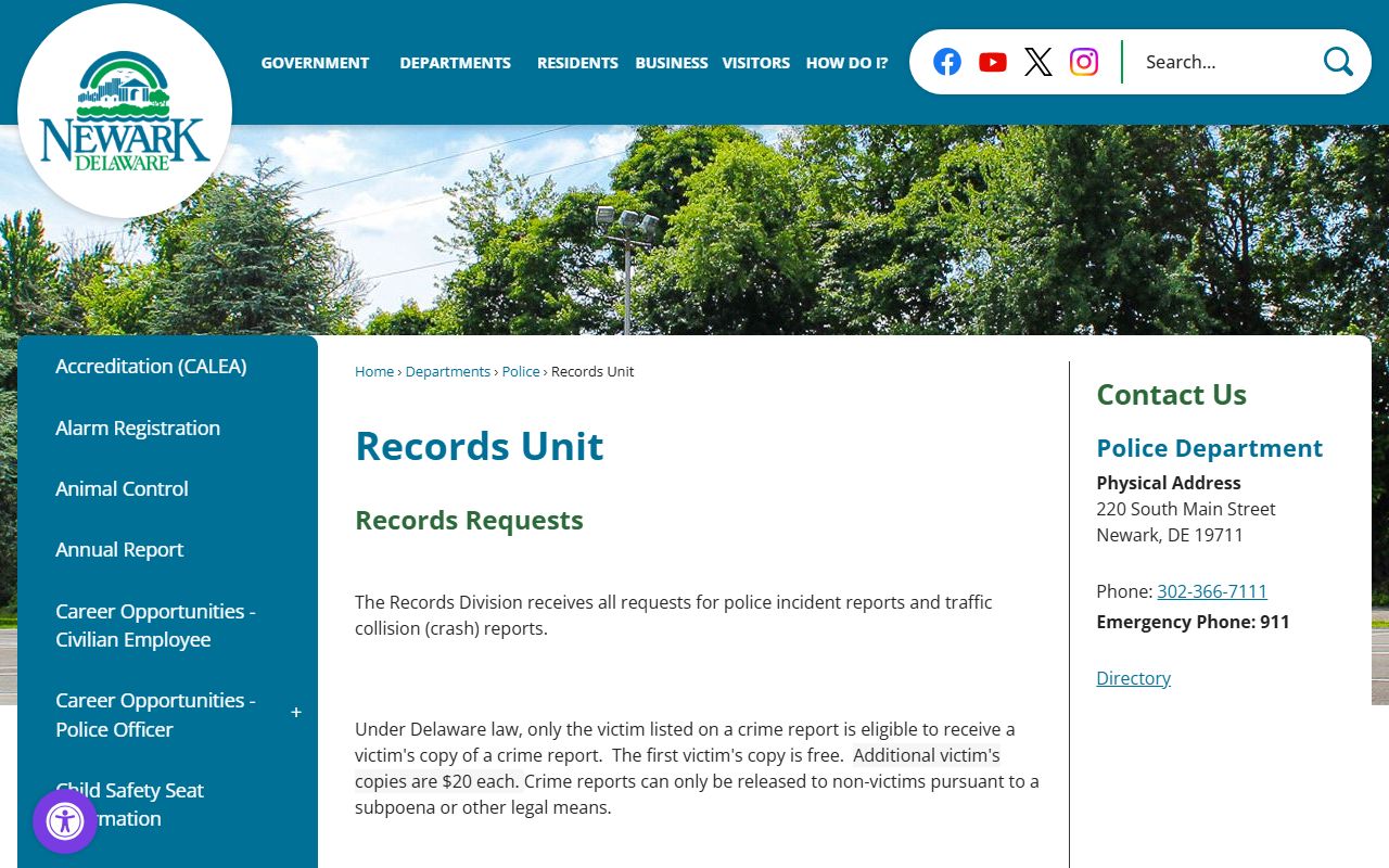 Newark Police Department Records Unit for Newark background check requests