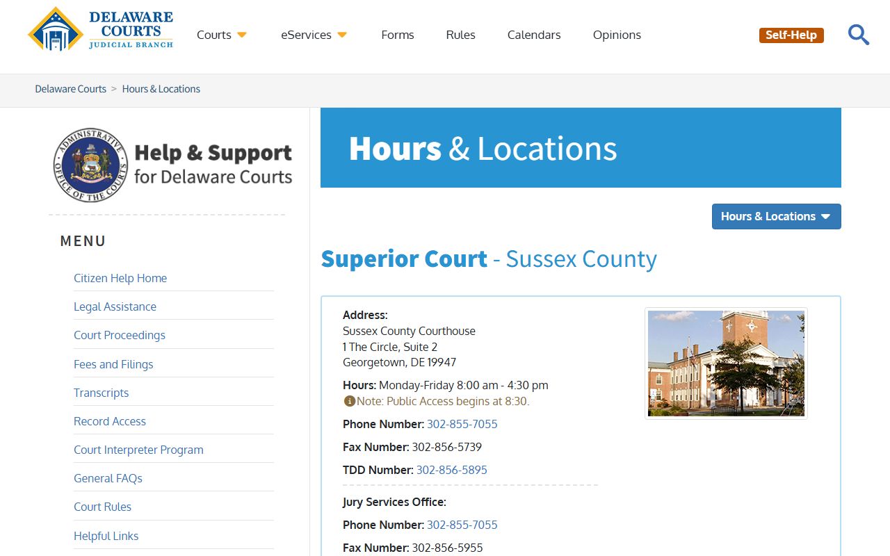 Sussex County Courthouse Superior Court for Background Check records in Georgetown