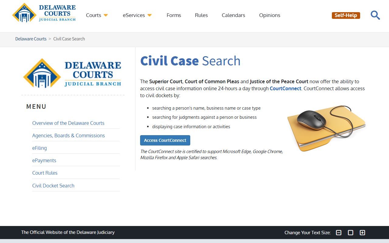 Delaware Courts civil case search for background check records