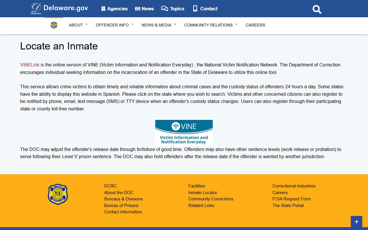 Delaware Department of Correction inmate locator for background check lookups