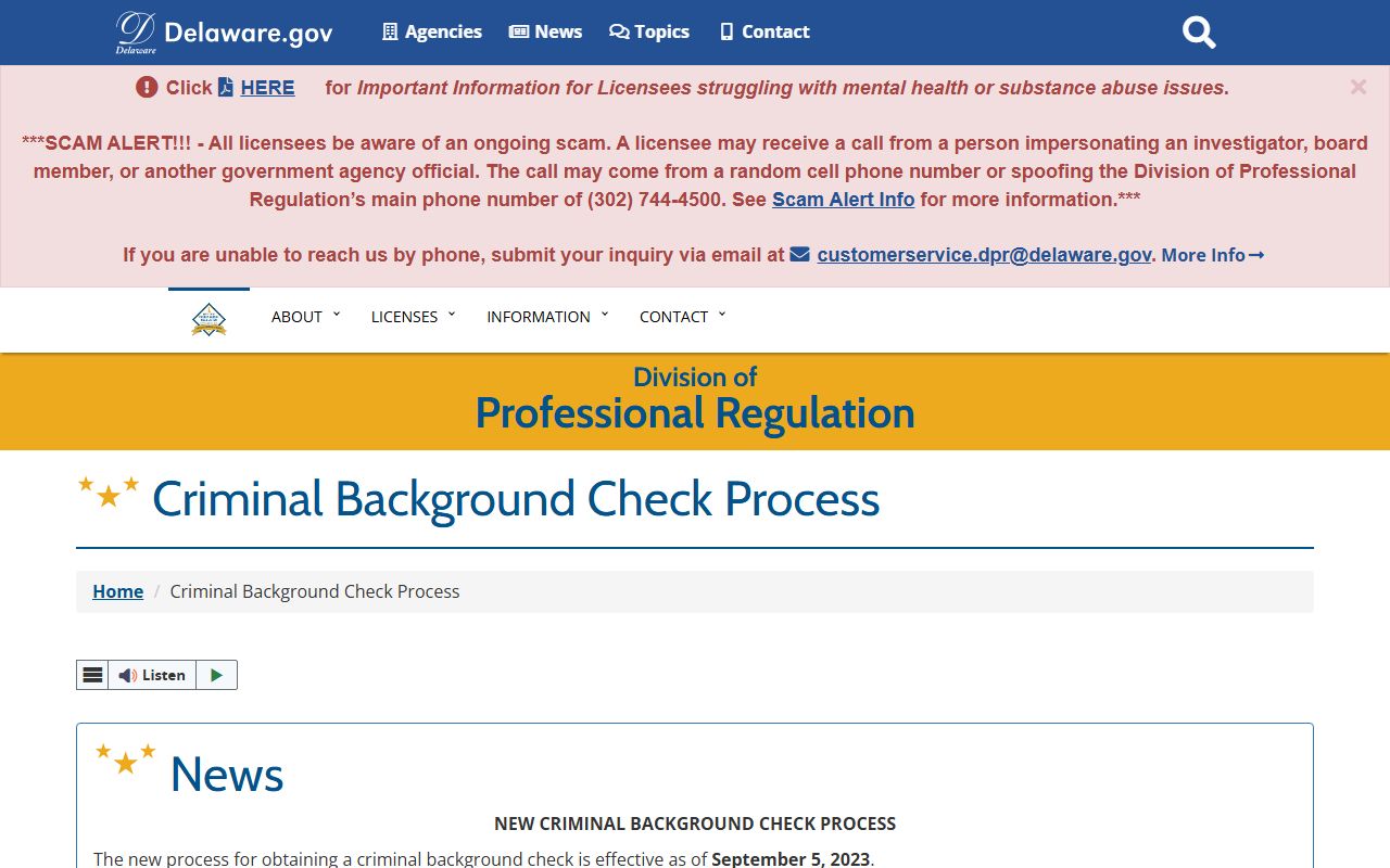 Delaware Division of Professional Regulation background check process