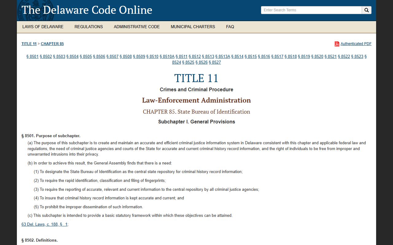 Delaware State Bureau of Identification statute page for background check records